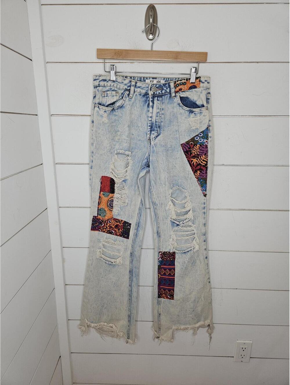 Vintage Almost Famous size 11 light wash distressed frayed & patched denim jeans